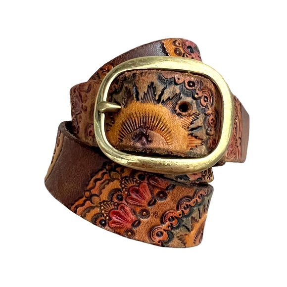 Vintage Other - Vintage Brown Hand Tooled + Painted Western Boho Belt with Solid Brass Buckle